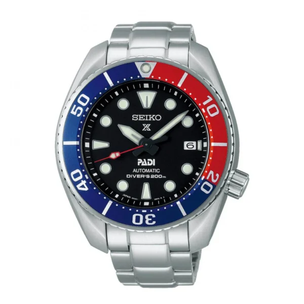 Seiko SPB181J1 Sumo PADI — вид спереди, чёрный циферблат и сине-красный безель