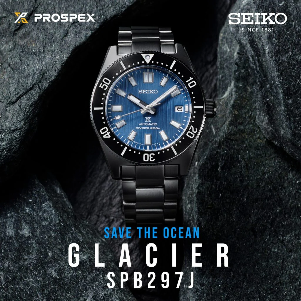 Seiko SPB297J1 Glacier Save the Ocean — постер с синим ледниковым циферблатом