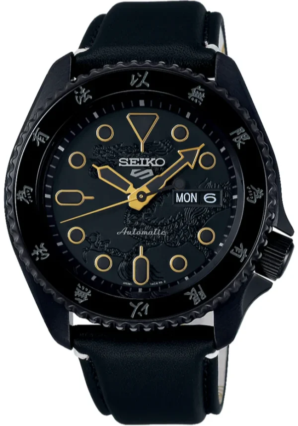 Seiko SRPK39K1 Bruce Lee — чёрный корпус, золотистые стрелки, дракон на циферблате, кожаный ремешок