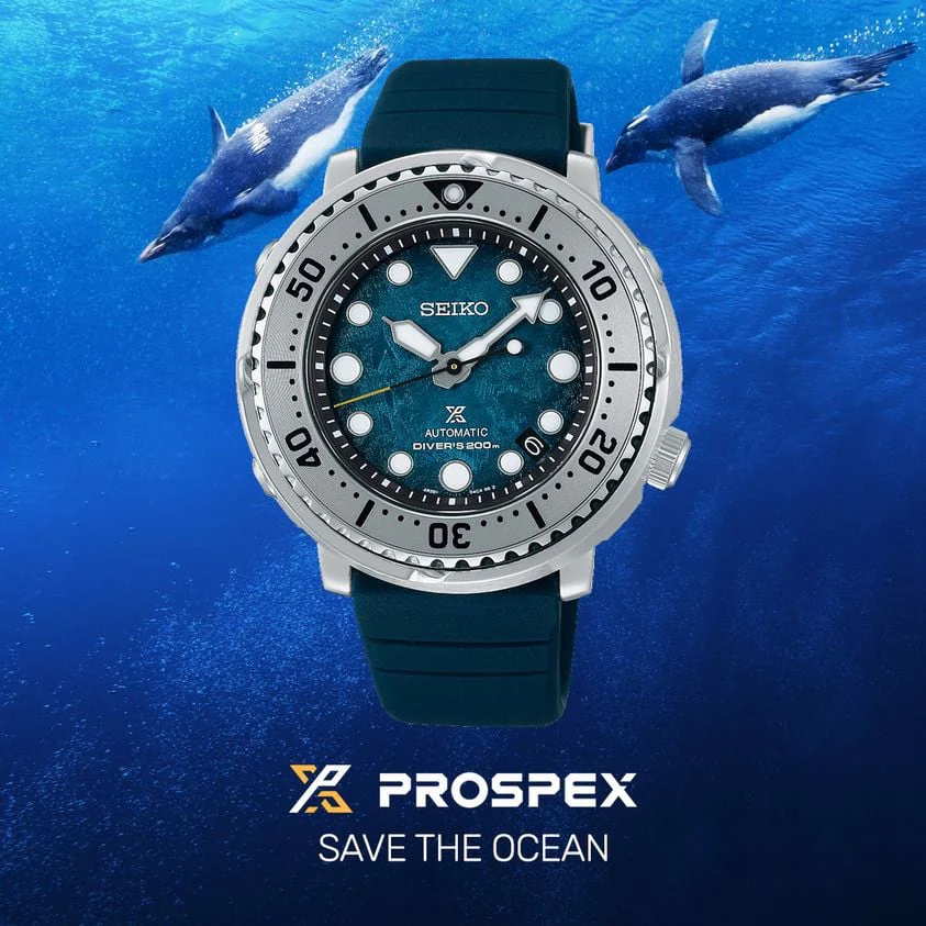 Seiko SRPH77K1 Tuna Save the Ocean — постер с китами и синим циферблатом