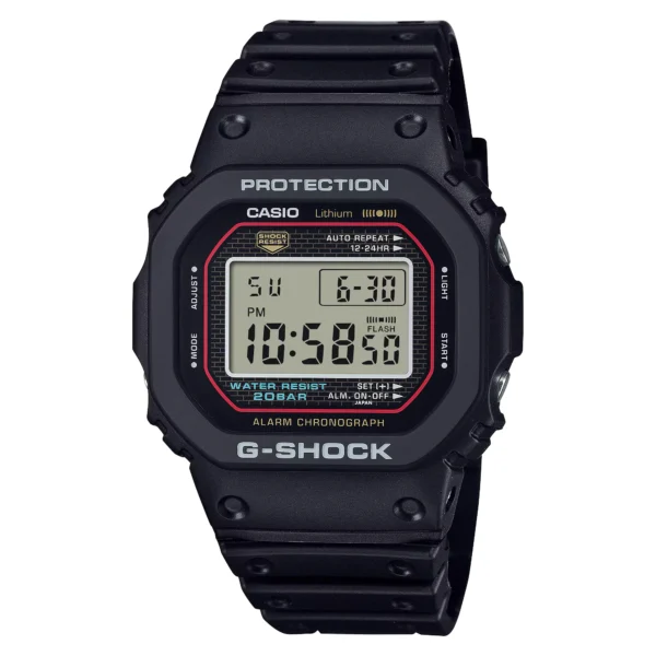 Casio G-Shock DW-5000R-1A чёрные с красной рамкой каталог белый фон Water Resist 200BAR Alarm Chronograph