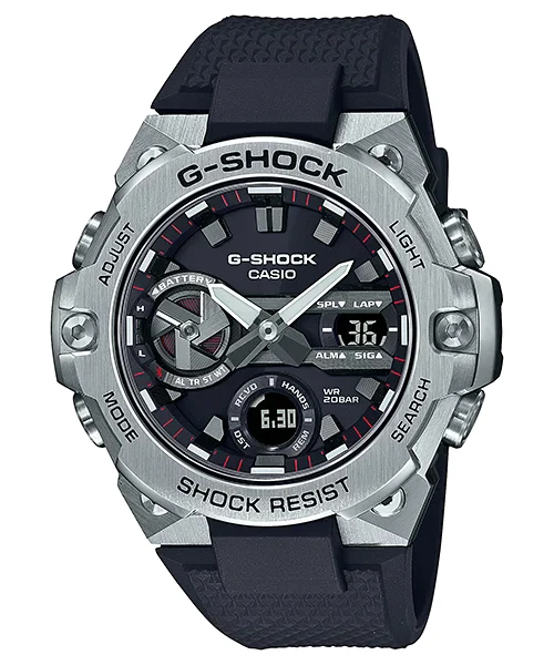 Casio G-Shock GST-B400-1A серебристые аналого-цифровые часы на белом фоне