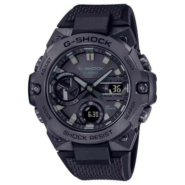 Casio G-Shock GST-B400BB-1A полностью чёрный аналого-цифровой на белом фоне