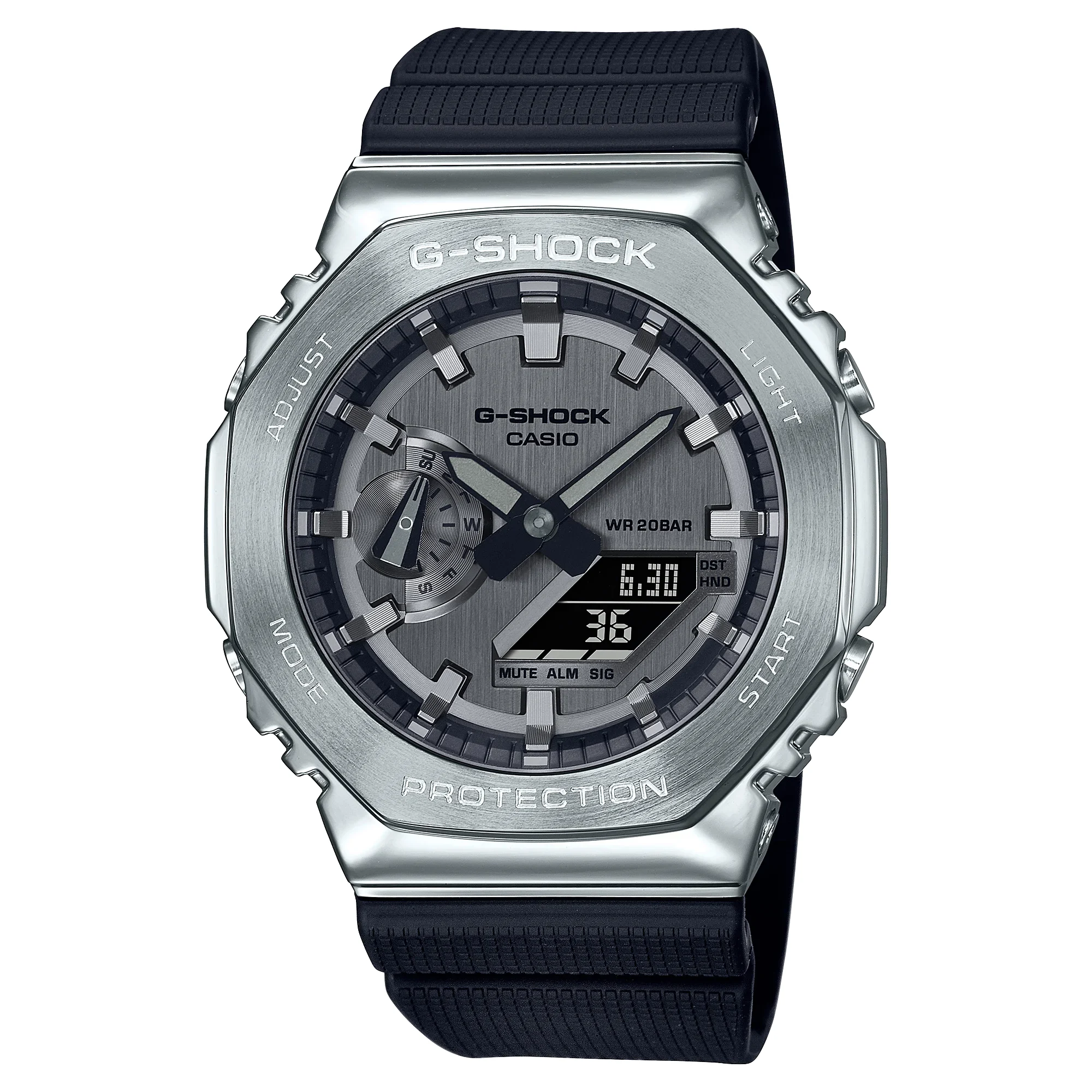 Casio G-Shock GM-2100-1A Metal CasiOak — восьмиугольный стальной безель, чёрный циферблат