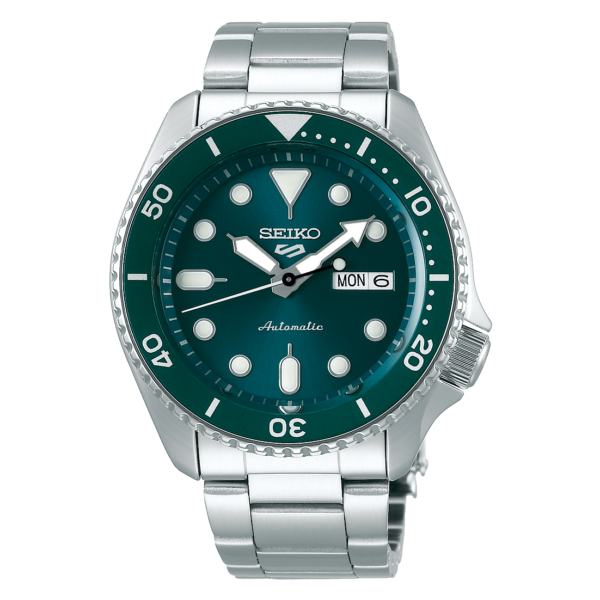 Seiko SRPD61K1 5 Sports с зелёным циферблатом на прозрачном фоне