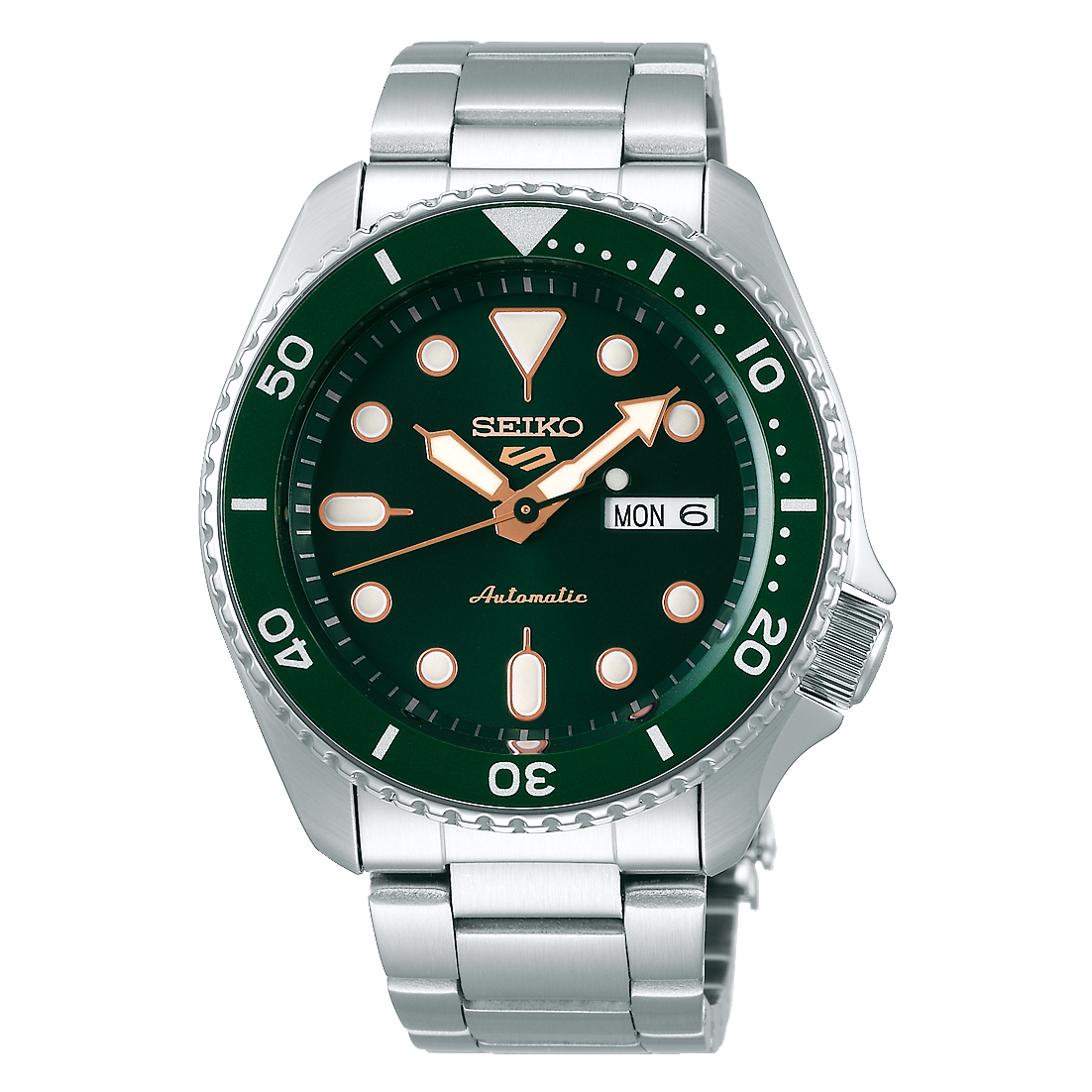 Seiko SRPD63K1 5 Sports с зелёным циферблатом и золотистыми акцентами на прозрачном фоне