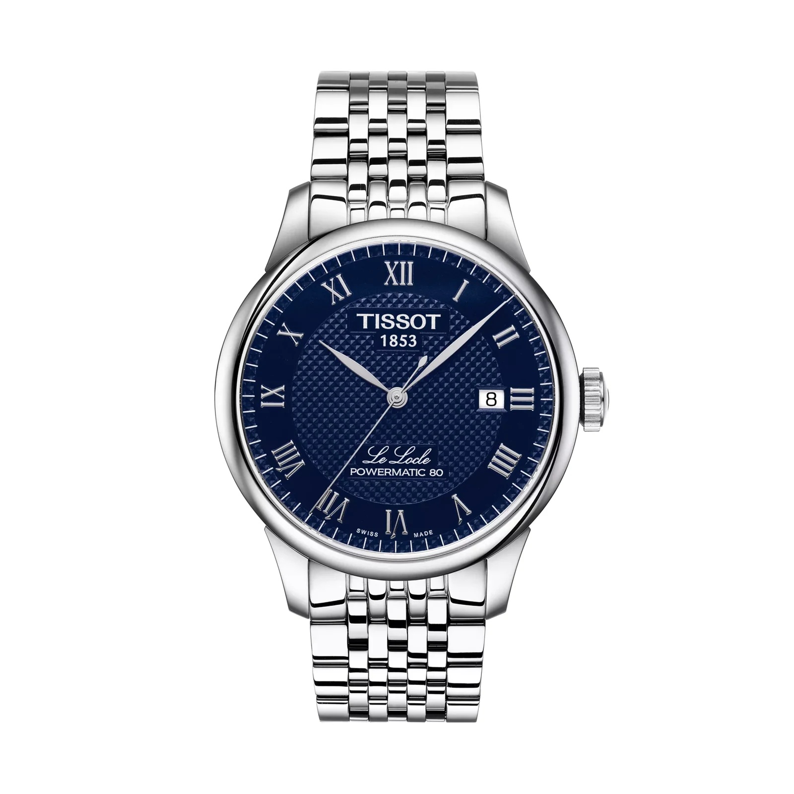 Tissot Le Locle Powermatic 80 T006.407.11.043.00 — вид спереди, тёмно-синий циферблат и стальной браслет