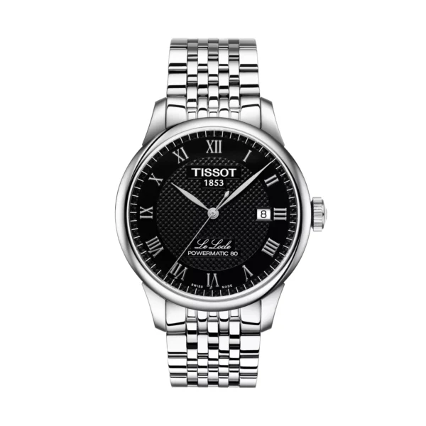 Tissot Le Locle Powermatic 80 T006.407.11.053.00 — вид спереди, чёрный циферблат и стальной браслет