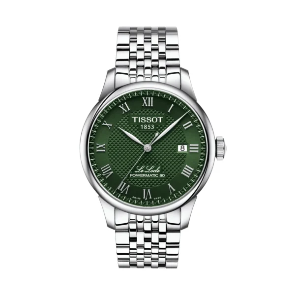 Tissot Le Locle Powermatic 80 T006.407.11.093.00 — вид спереди, тёмно-зелёный циферблат и стальной браслет