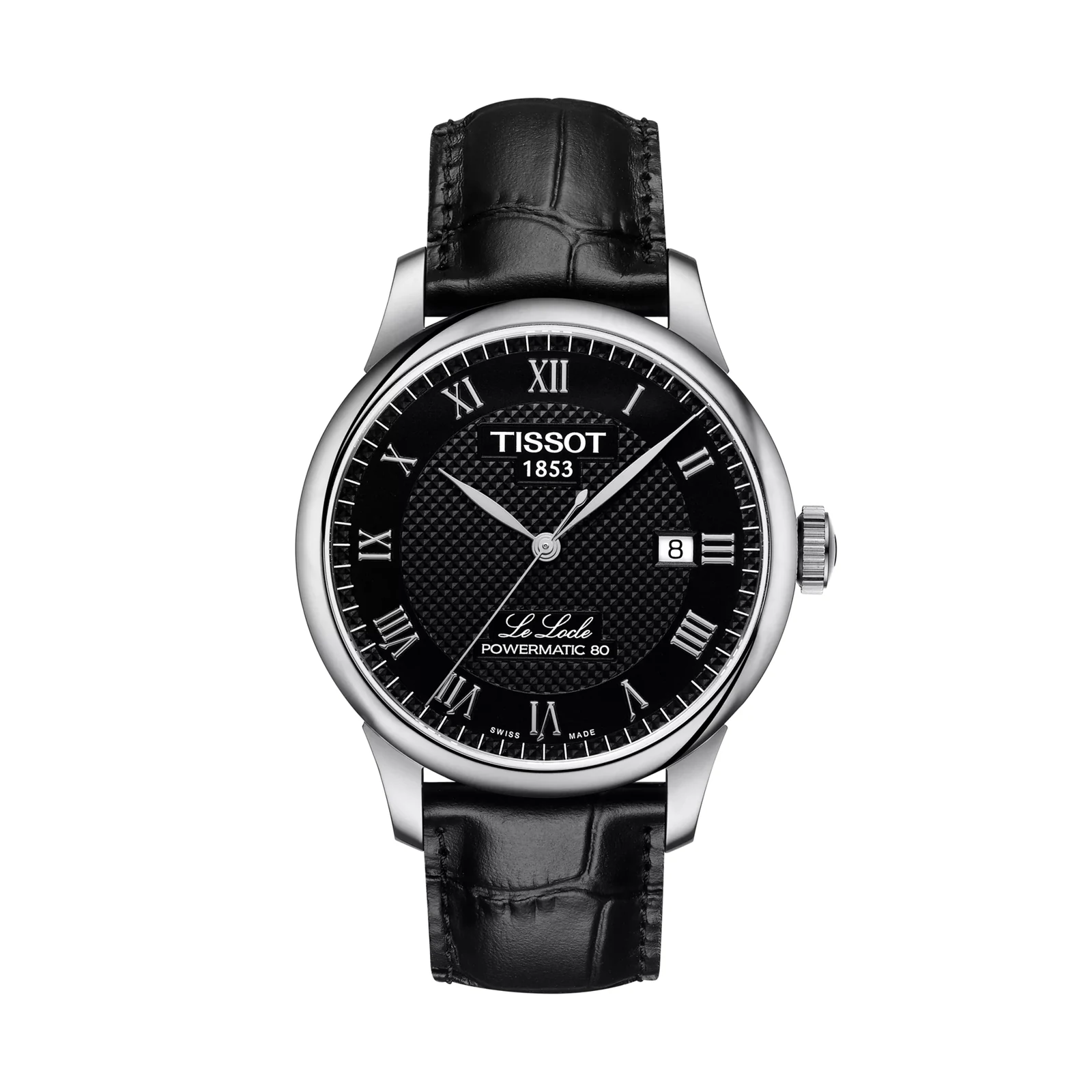 Tissot Le Locle Powermatic 80 T006.407.16.053.00 — вид спереди, чёрный циферблат и кожаный ремешок