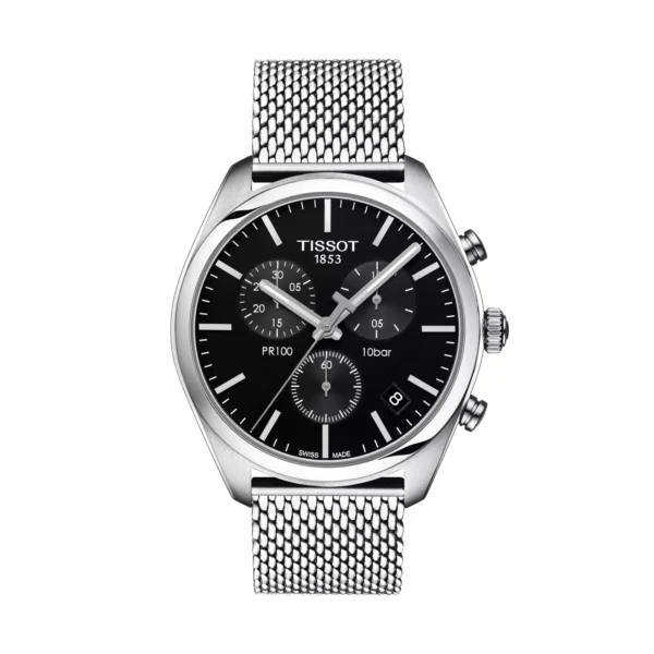 Tissot PR 100 Chronograph T101.417.11.051.01 — вид спереди, чёрный циферблат и миланский стальной браслет
