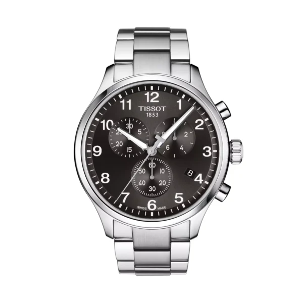 Tissot T116.617.11.057.01 Chrono XL Classic — вид спереди, чёрный циферблат и стальной браслет