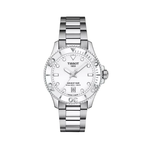Tissot T120.210.11.011.00 Seastar 1000 — вид спереди, белый циферблат и стальной браслет