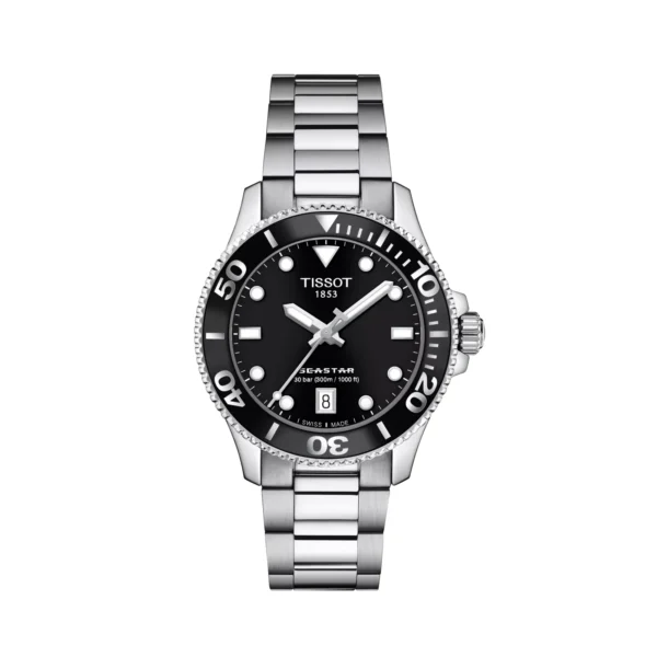 Tissot T120.210.11.051.00 Seastar 1000 — вид спереди, чёрный циферблат и стальной браслет