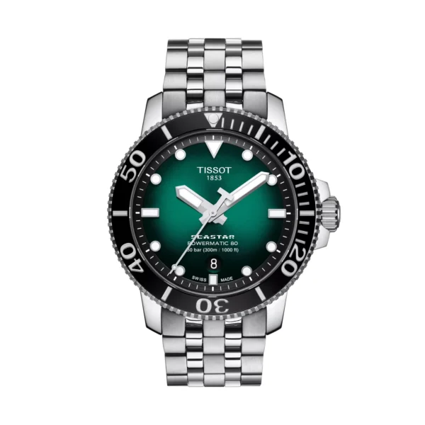 Tissot Seastar 1000 Powermatic 80 T120.407.11.091.01 — вид спереди, зелёный градиентный циферблат и керамический безель