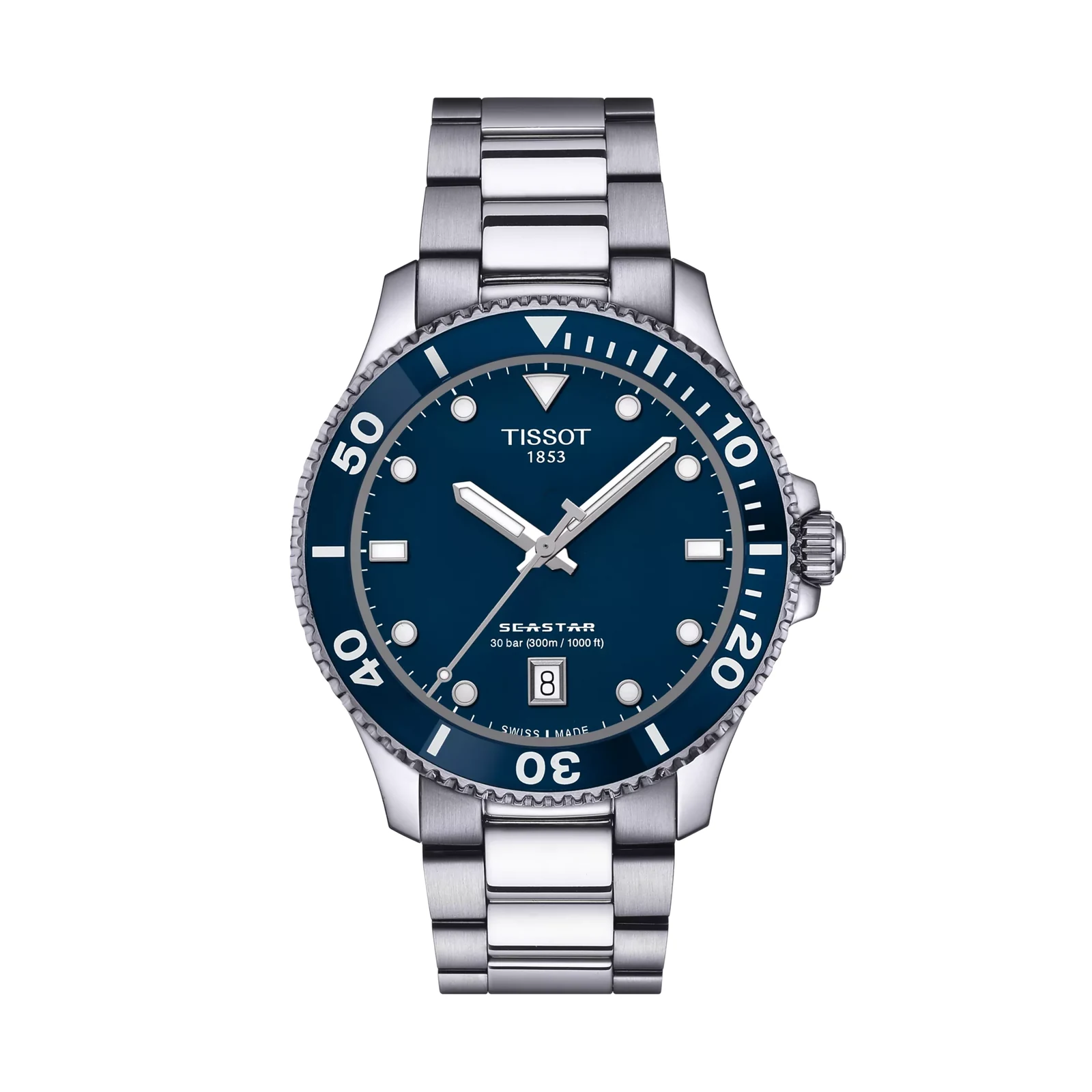 Tissot T120.410.11.041.00 Seastar 1000 — вид спереди, синий циферблат и стальной браслет