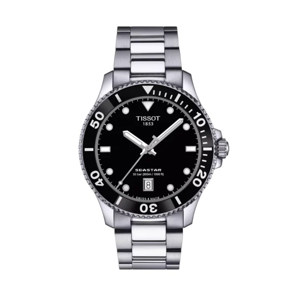 Tissot T120.410.11.051.00 Seastar 1000 — вид спереди, чёрный циферблат и стальной браслет