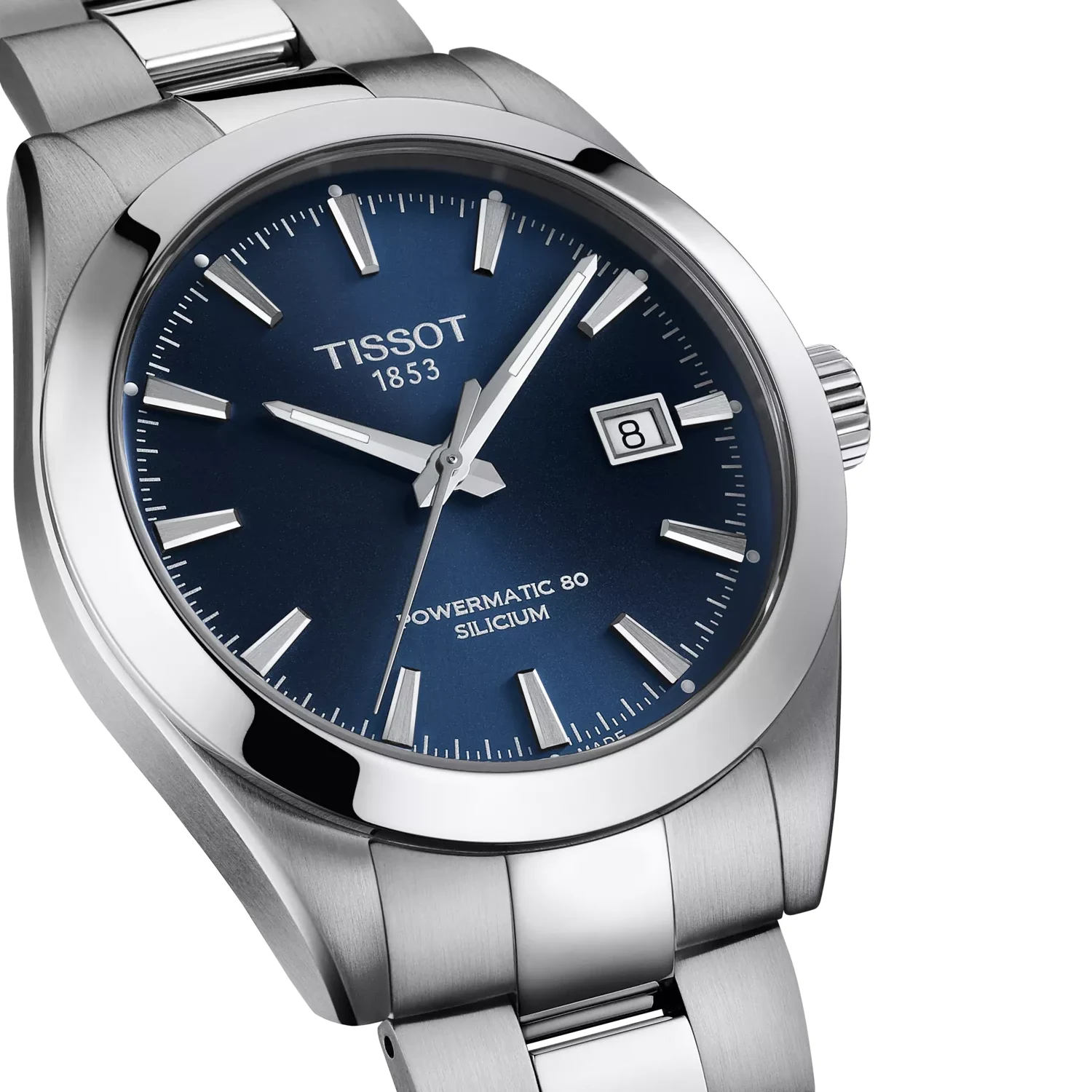 Tissot Gentleman Powermatic 80 Silicium T127.407.11.041.00 — синий циферблат и стальной корпус под углом