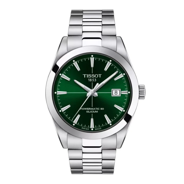 Tissot Gentleman Powermatic 80 Silicium T127.407.11.091.01 — вид спереди, зелёный циферблат и стальной браслет