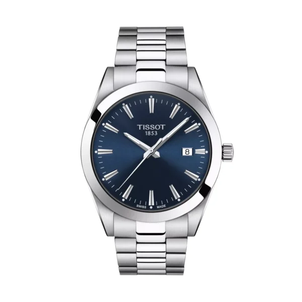 Tissot T127.410.11.041.00 Gentleman — вид спереди, синий циферблат и стальной браслет