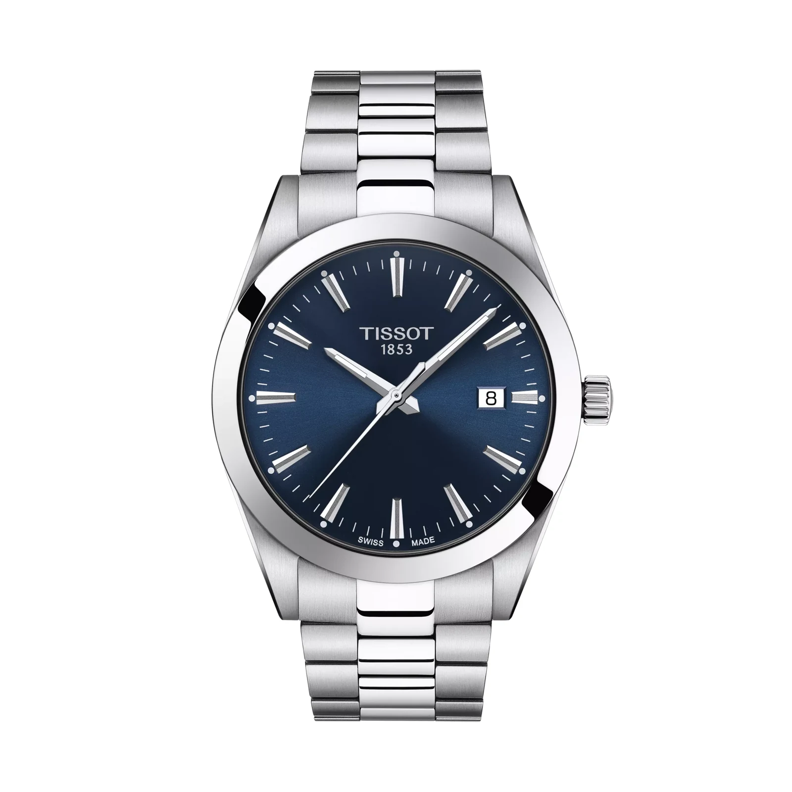 Tissot T127.410.11.041.00 Gentleman — вид спереди, синий циферблат и стальной браслет