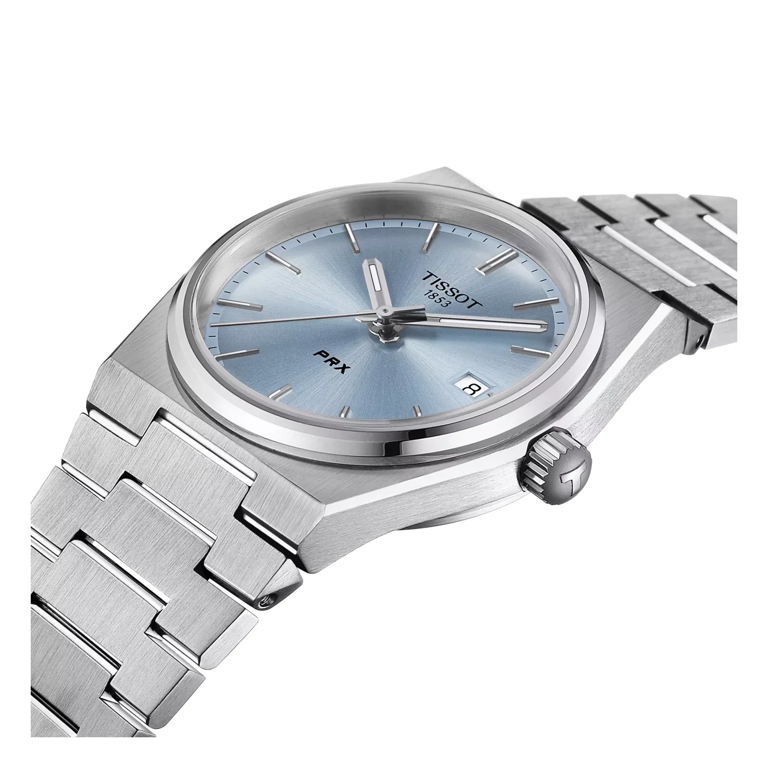 Tissot T137.210.11.351.00 PRX Quartz — крупный план светло-голубого циферблата и корпуса