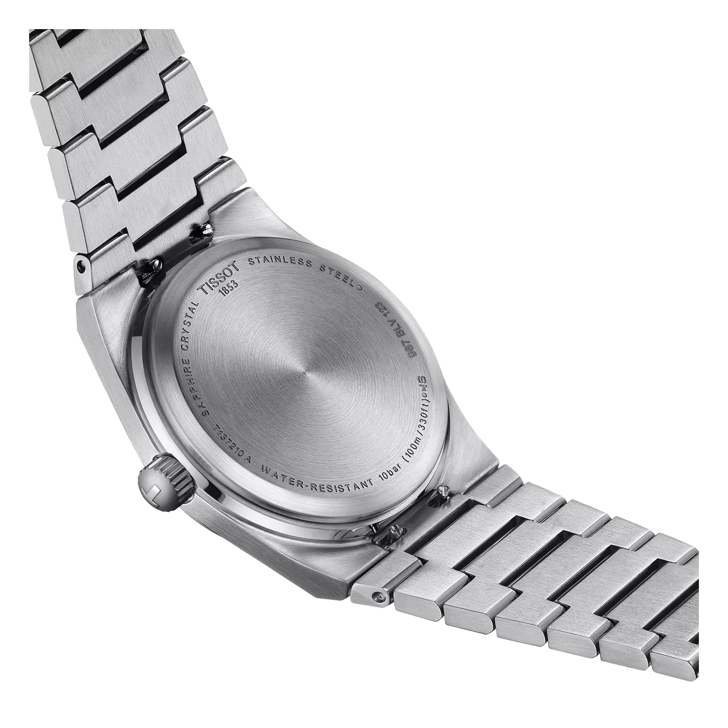 Tissot T137.210.11.351.00 PRX Quartz — крупный план задней крышки и стального браслета