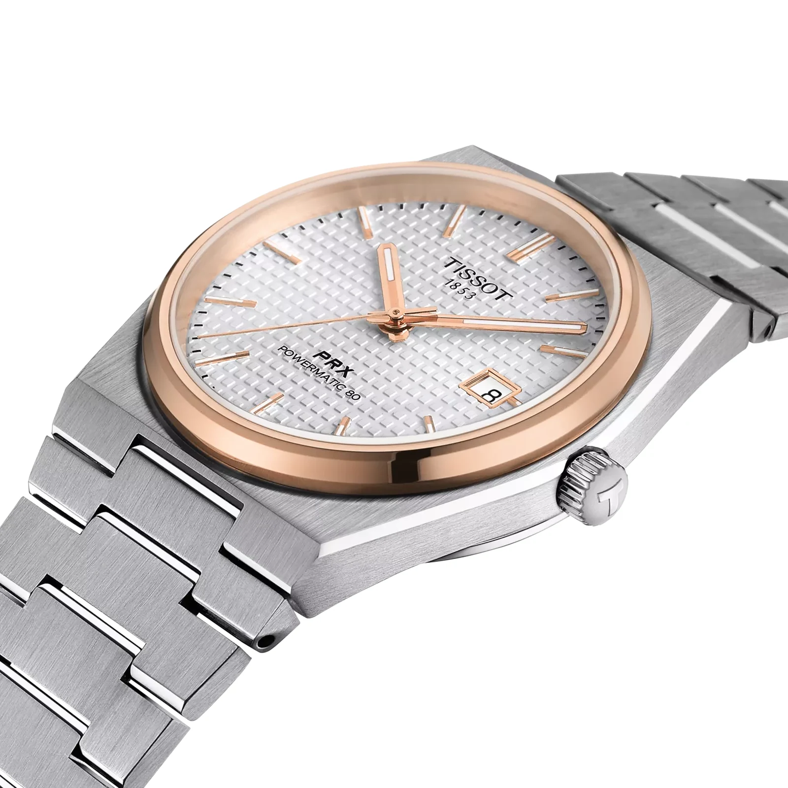 Tissot PRX Powermatic 80 T137.407.21.031.00 — крупный план белого циферблата и безеля