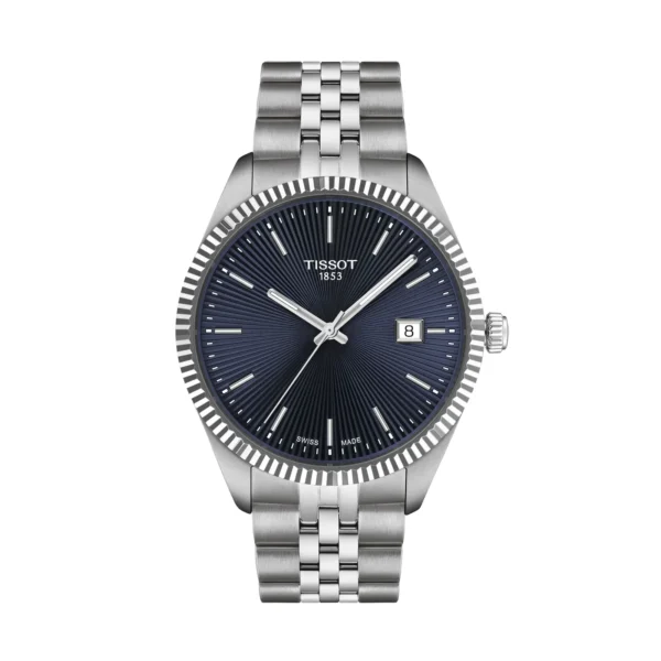 Tissot T156.410.11.041.00 Ballade — вид спереди, синий циферблат с гильоше и стальной браслет