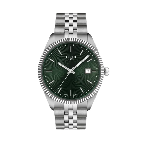 Tissot T156.410.11.091.00 Ballade — вид спереди, зелёный циферблат с гильоше и стальной браслет