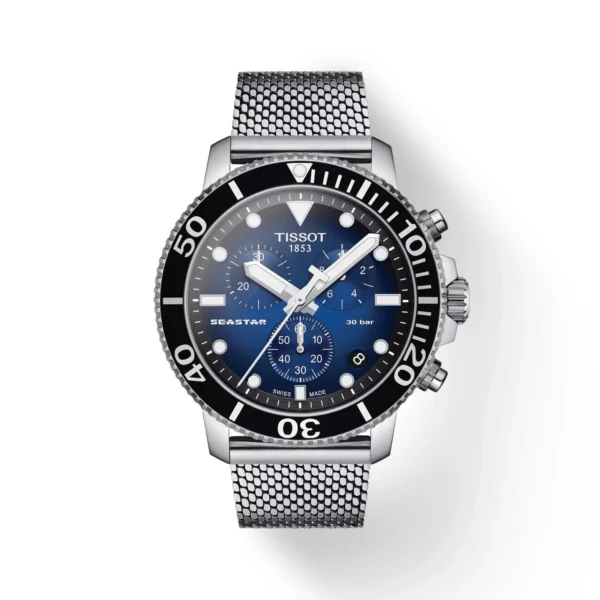 Tissot Seastar 1000 Chronograph T120.417.11.041.02 — синий градиентный циферблат и стальной сетчатый браслет
