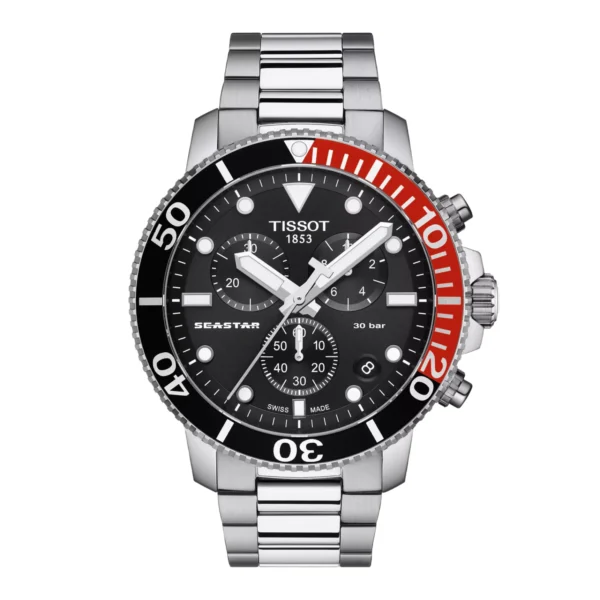 Tissot Seastar 1000 Chronograph T120.417.11.051.01 — чёрно-красный безель и стальной браслет