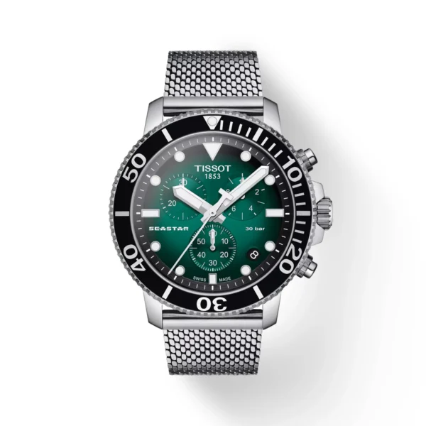 Tissot Seastar 1000 Chronograph T120.417.11.091.00 — зелёный градиентный циферблат и стальной сетчатый браслет