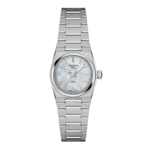 Tissot T137.010.11.111.00 PRX 25mm — вид спереди, белый перламутровый циферблат и стальной браслет