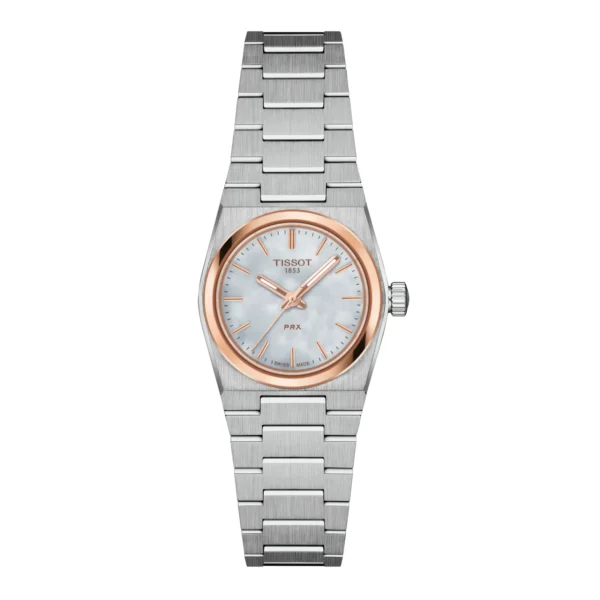 Tissot PRX Quartz T137.010.21.111.00 — вид спереди, белый перламутровый циферблат, стальной браслет и розово-золотистый безель