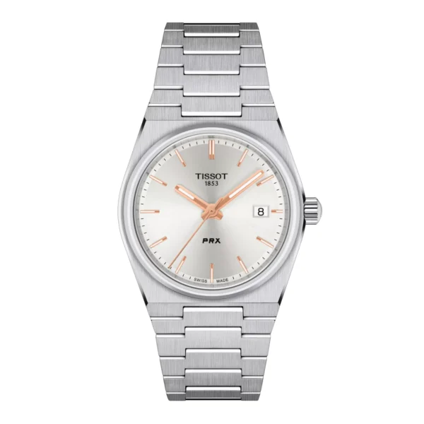 Tissot T137.210.11.031.00 PRX Quartz — вид спереди, серебристый циферблат и стальной браслет