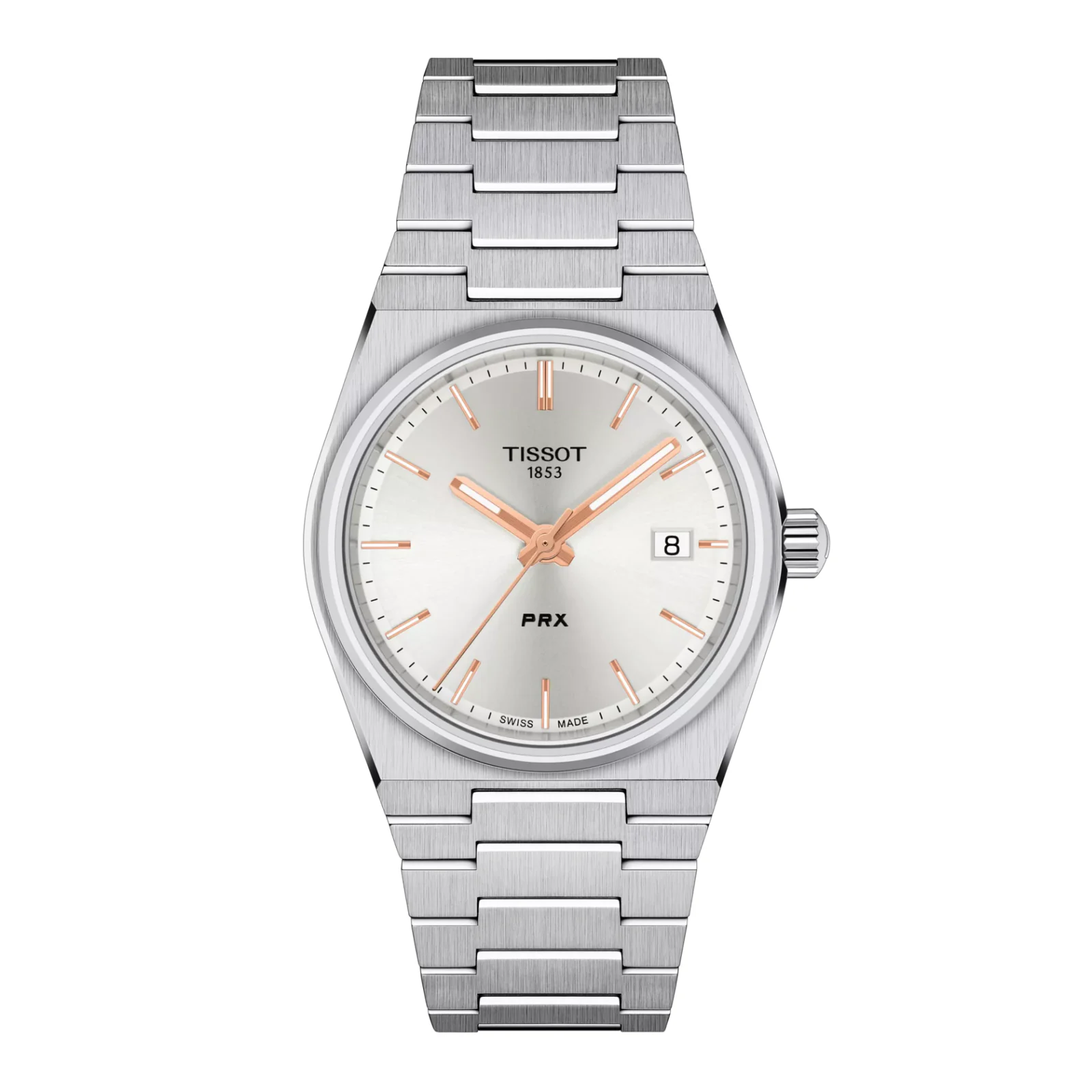 Tissot T137.210.11.031.00 PRX Quartz — вид спереди, серебристый циферблат и стальной браслет