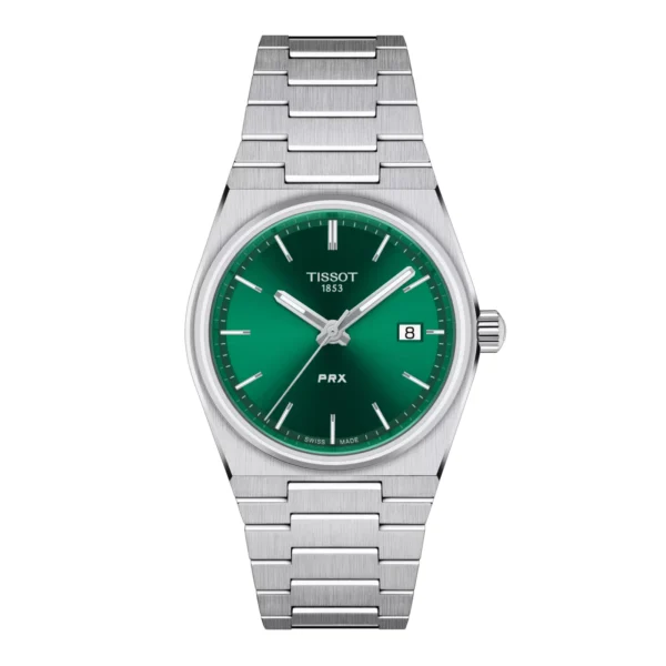 Tissot T137.210.11.081.00 PRX Quartz — вид спереди, зелёный циферблат и стальной браслет