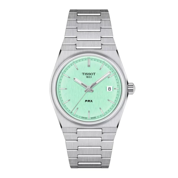 Tissot T137.210.11.091.00 PRX Quartz — вид спереди, светло-зелёный циферблат и стальной браслет