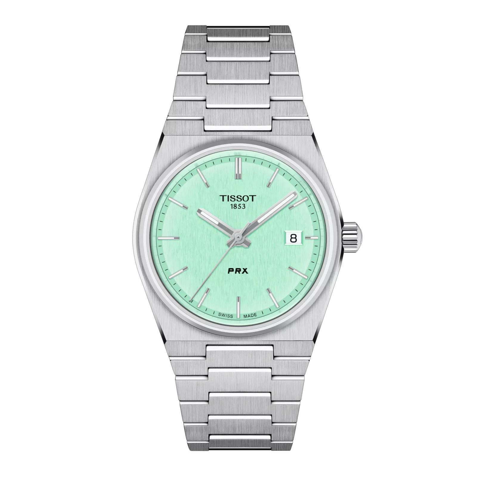 Tissot T137.210.11.091.00 PRX Quartz — вид спереди, светло-зелёный циферблат и стальной браслет