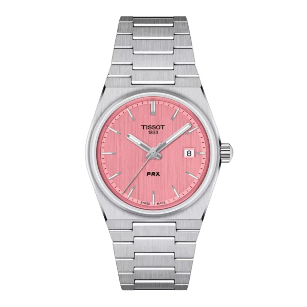 Tissot T137.210.11.331.00 PRX Quartz — вид спереди, розовый циферблат и стальной браслет
