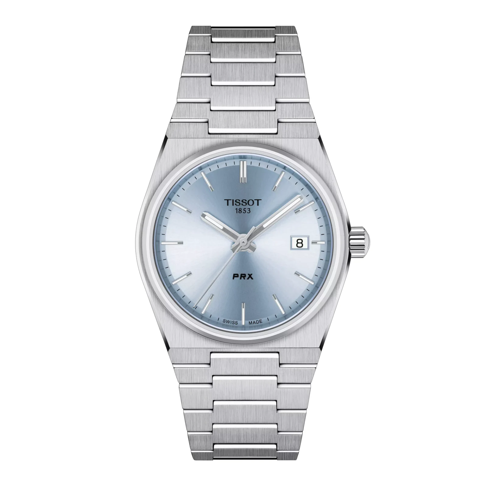 Tissot T137.210.11.351.00 PRX Quartz — вид спереди, светло-голубой циферблат и стальной браслет