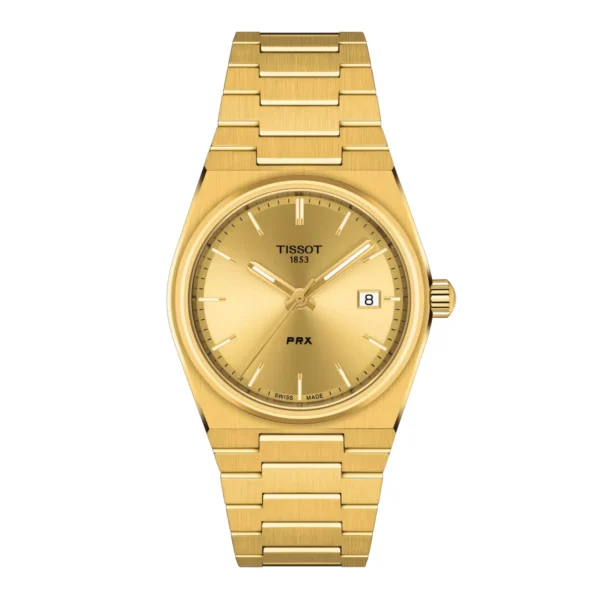 Tissot T137.210.33.021.00 PRX Quartz — вид спереди, циферблат цвета шампань и золотистый браслет