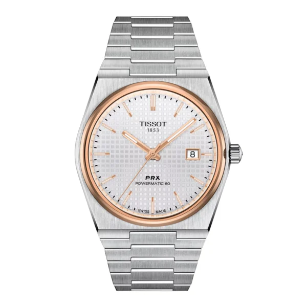 Tissot PRX Powermatic 80 T137.407.21.031.00 — вид спереди, белый циферблат и безель цвета розового золота