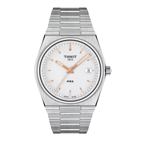 Tissot T137.410.11.031.00 PRX Quartz — вид спереди, серебристый циферблат и стальной браслет
