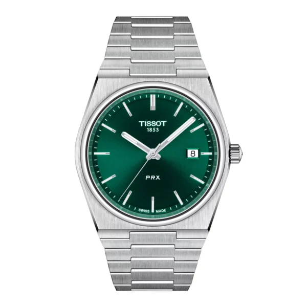 Tissot T137.410.11.091.00 PRX Quartz — вид спереди, зелёный циферблат и стальной браслет