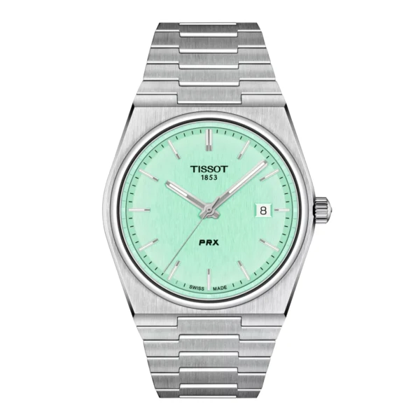 Tissot T137.410.11.091.01 PRX Quartz — вид спереди, светло-зелёный циферблат и стальной браслет