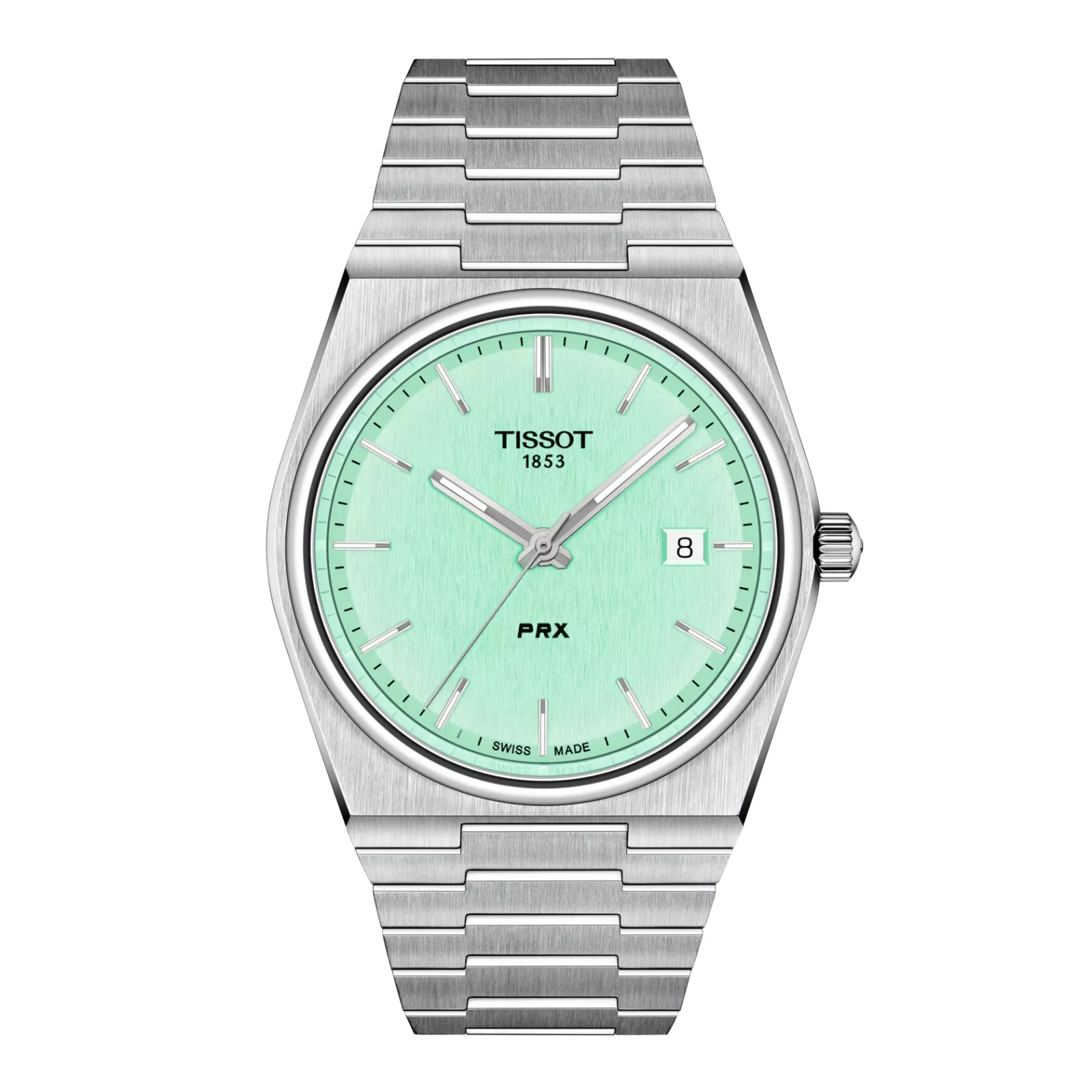 Tissot T137.410.11.091.01 PRX Quartz — вид спереди, светло-зелёный циферблат и стальной браслет
