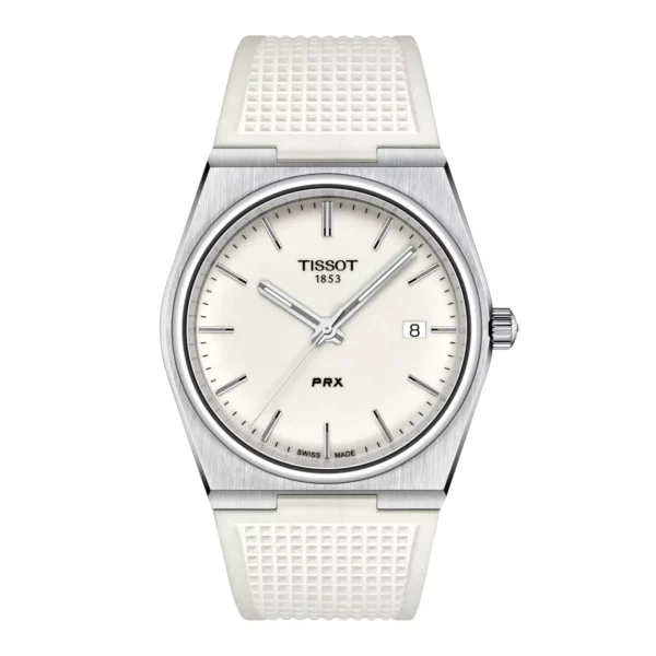 Tissot T137.410.17.011.00 PRX Quartz — вид спереди, белый циферблат и белый каучуковый ремешок