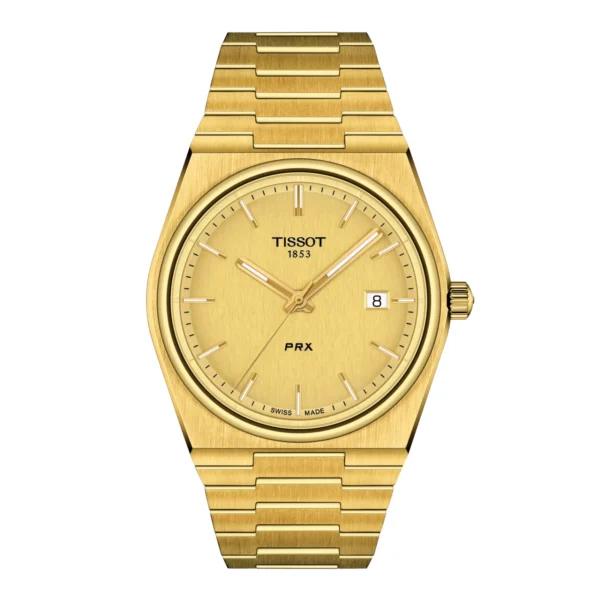 Tissot T137.410.33.021.00 PRX Quartz — вид спереди, циферблат цвета шампань и браслет с золотистым PVD-покрытием